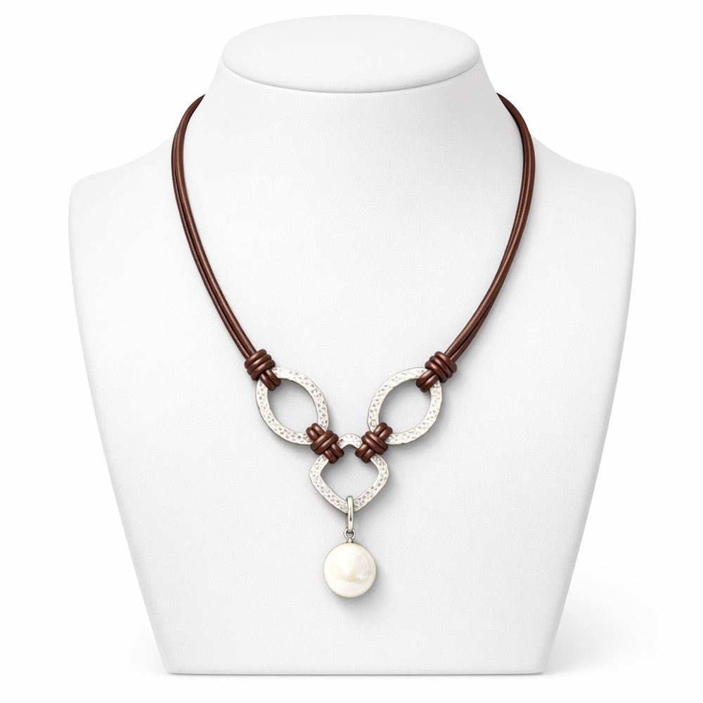 Retired Silpada 925 Sterling Hammered Coin Pearl Drop Brown Leather Necklace
